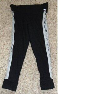 Womens Victorias Secret PINK Yoga Pants Medium Black Cropped White Strappy Legs